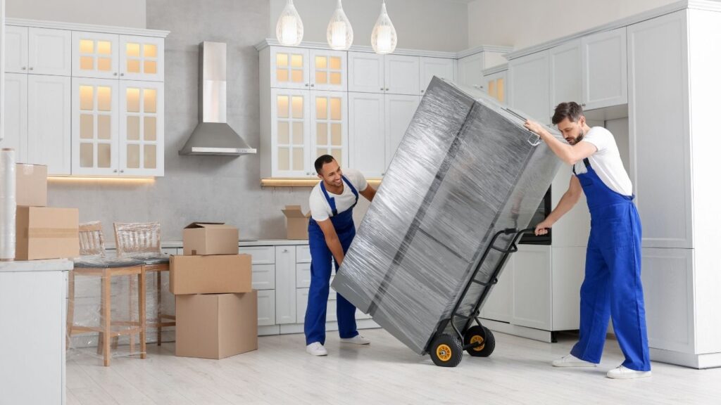 como subir geladeira em apartamento: geladeira sendo carregada encima de carrinho.