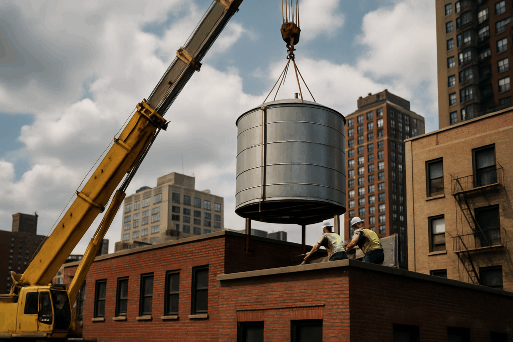 Içamento de caixa d'água: caixa d'água de metal presa a guindaste.
