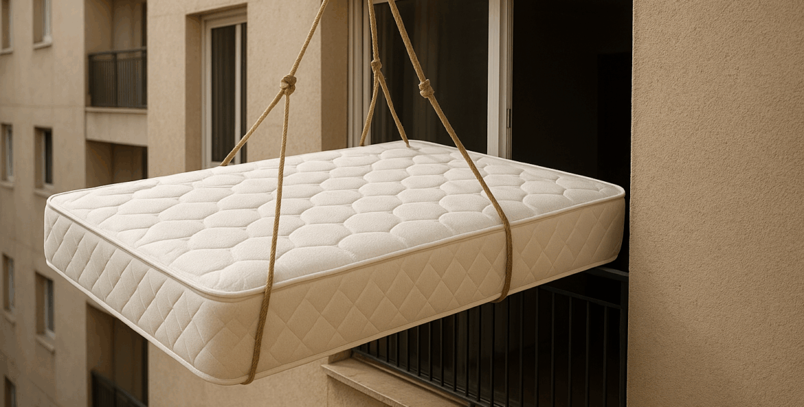 Colchao suspenso pela janela aberta