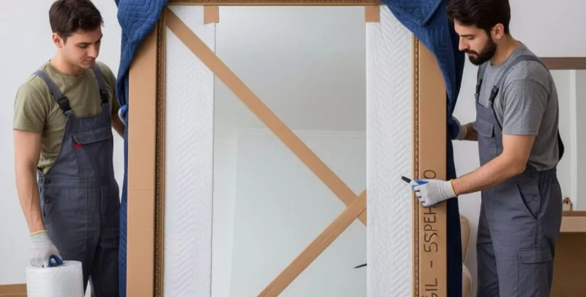 Como transportar espelho em mudanças: homens embalando espelho grande