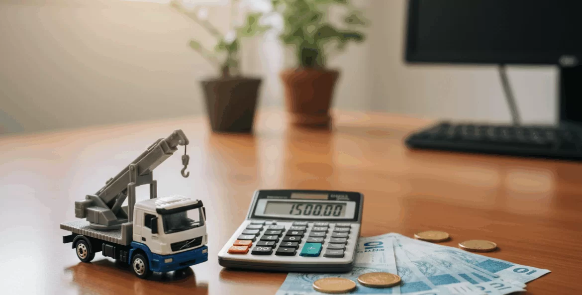 Quanto custa um serviço de içamento: miniatura de carrinho com calculadora e dinheiro em mesa