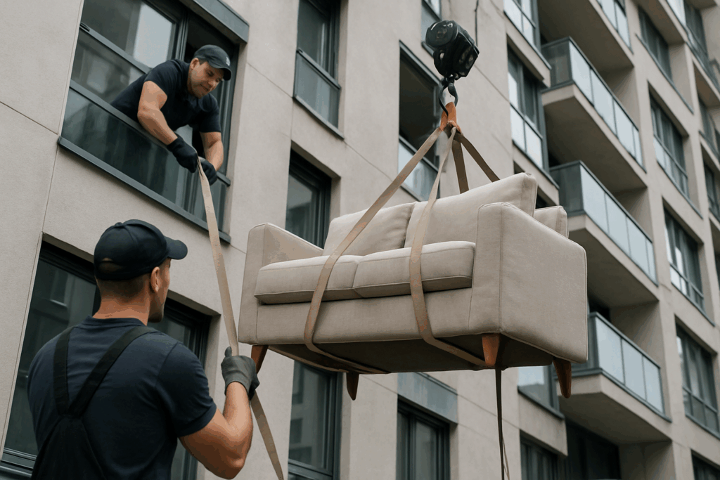 Homens manobrando sofá que está descendo com içamento