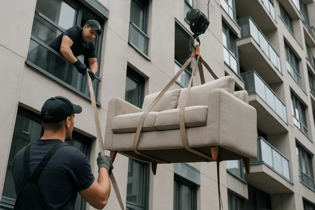 Homens manobrando sofá que está descendo com içamento