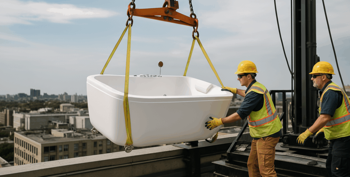 Businessmen Receiving a Hydro Bath During Building Lift