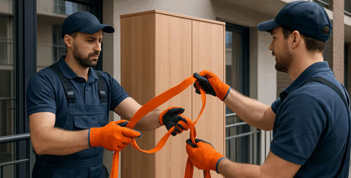 Içamento de armário: Profissionais arrumando corda de içamento.