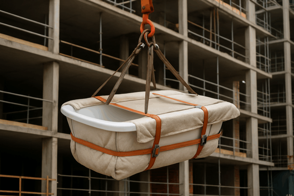 Içamento de Banheira: banheira pendurada por içamento.