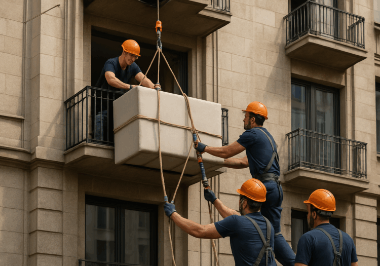 Facade of a Building with Moving Team