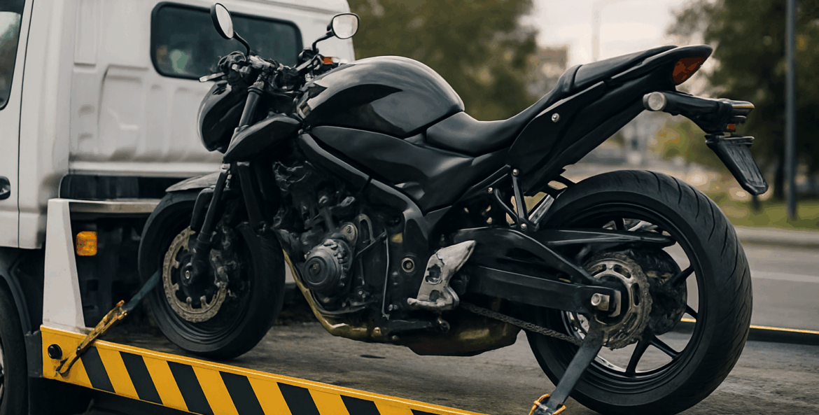 como transportar moto para outro estado: moto encima de caminhão guincho.