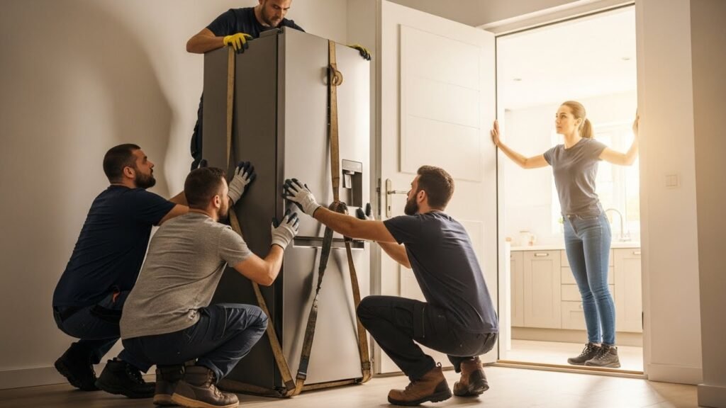 içamento de geladeira: homens posicionando a geladeira