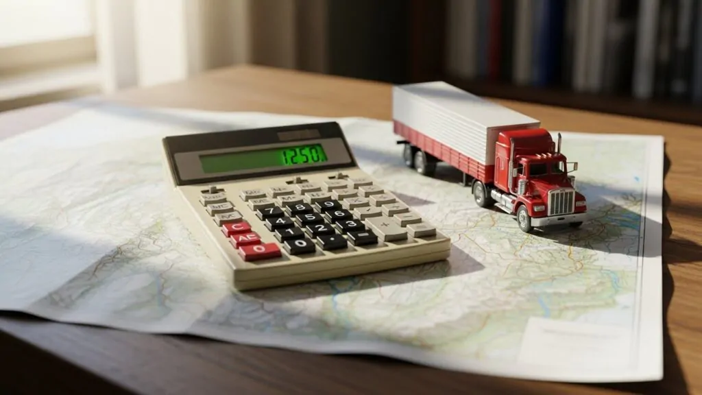 quanto custa uma mudança: mini caminhão e calculadora encima de mapa.